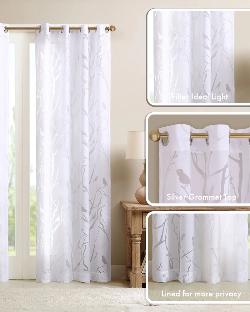 Madison Park Averil Grommet Top Sheer Window Curtain, grey sheer curtains 95 inches long Single Curtain, Width 50 Bird on Branches Burnout curtains sh