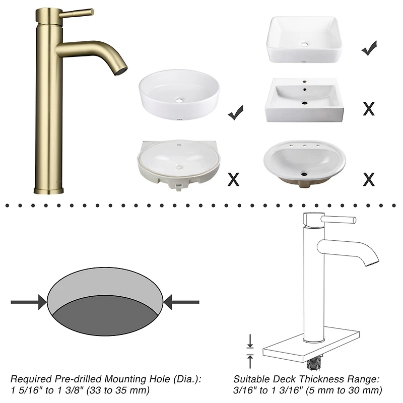Aquaterior Single Handle Tall Vessel Faucet Bathroom Mixer Tap with Pop-up Drain