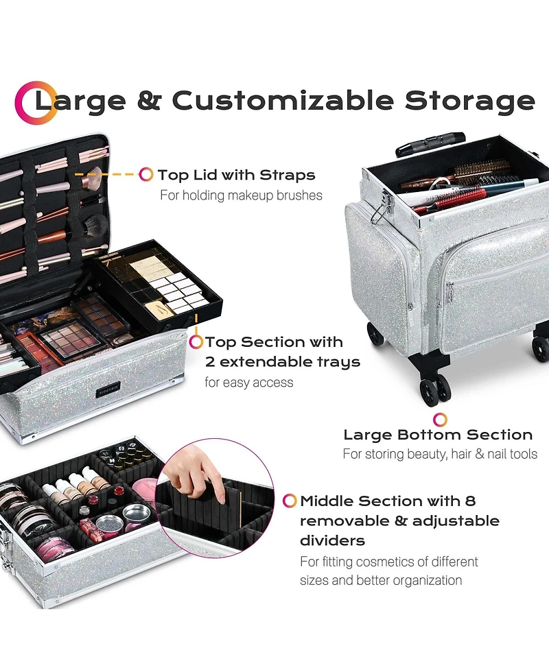 Byootique 3in1 Soft Sided Rolling Makeup Case Cosmetic With Removable Divider For Makeup Artist Nail Artist Glitter Silver