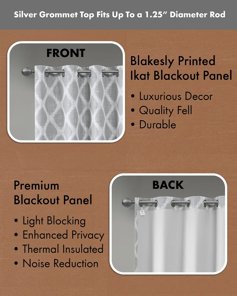 Blakesly Ikat blackout curtains for bedroom, Silver grommet top fit up to 1.25 inches rod Single Curtain Panel for Living Room, Width 50 length 95 inc