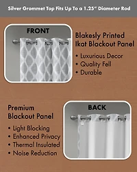 Blakesly Ikat blackout curtains for bedroom, Silver grommet top fit up to 1.25 inches rod Single Curtain Panel for Living Room, Width 50 length 95 inc