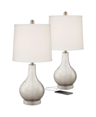 360 Lighting Ledger Modern Accent Table Lamps 21 3/4" High Set of 2 Mercury Glass with Usb Charging Port Off-White Drum Shade for Family Office D