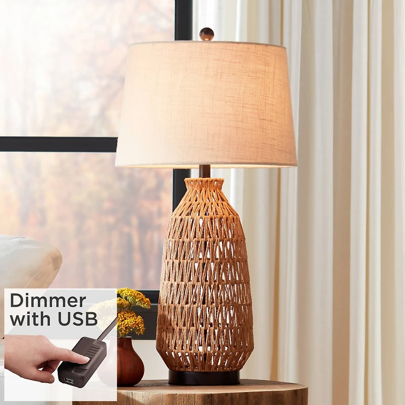 360 Lighting San Carlos Modern Coastal Table Lamp 29" Tall Natural Rattan Wicker with Usb Cord Dimmer Oatmeal Fabric Shade for Bedroom Living Roo