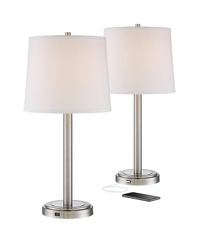 Camile Modern Table Lamps 25" High Set of 2 with Hotel Style Usb Charging Port Brushed Nickel Off White Drum Shade for Living Room Desk Bedroom H