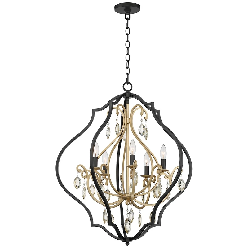 Barnes and Ivy Clara Black Soft Gold Iron Pendant Chandelier 26 1/2" Wide French Amber Crystal 5-Light Fixture for Dining Room House Home Foyer Entryw