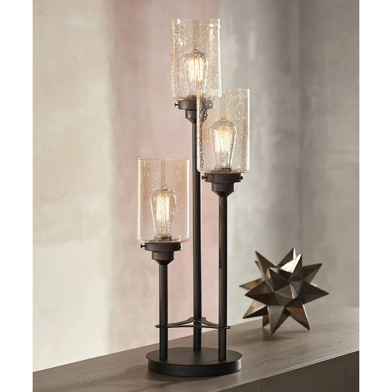 Franklin Iron Works Libby Rustic Farmhouse Table Lamp 30" Tall Bronze Metal Led Amber Seeded Glass Shade for Bedroom Living Room Bedside Nightsta