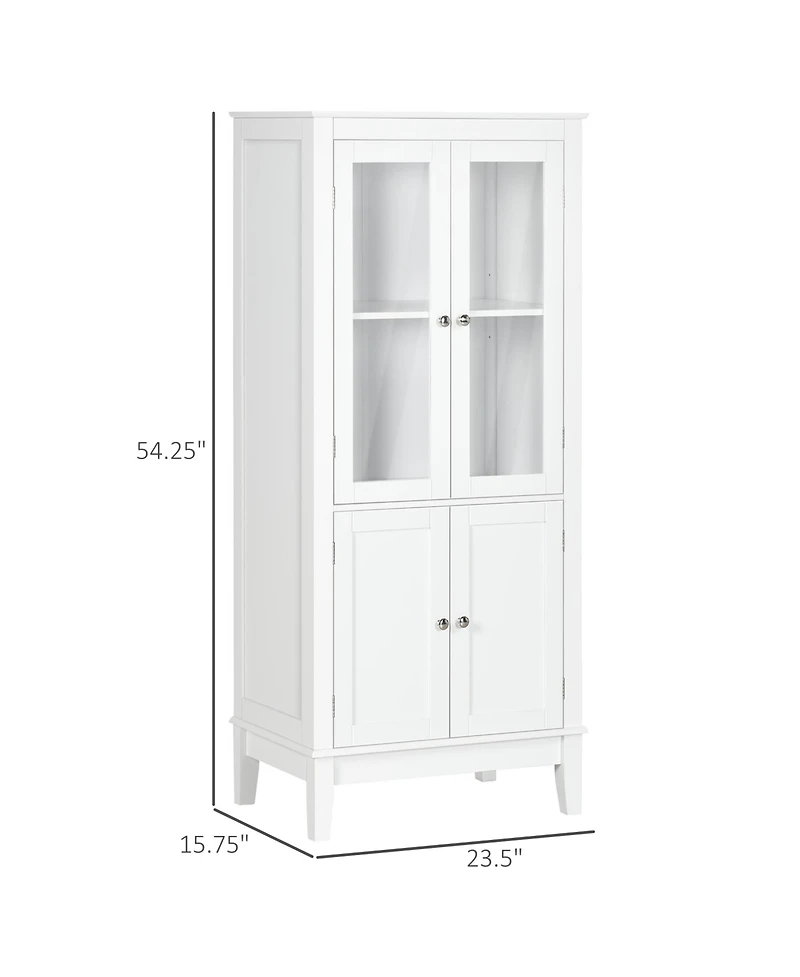 Kleankin Bathroom Floor Cabinet with 2 Storage Cabinets, Tempered Glass Door, Freestanding Linen Tower with Adjustable Shelves for Living Room, White