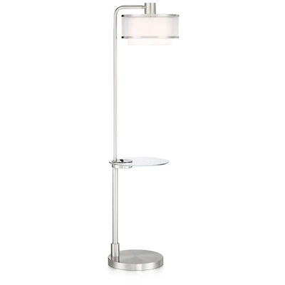 Possini Euro Design Vogue Modern Floor Lamp with Tray Table 60" Tall Brushed Nickel Usb Charging Port Organza Outer White Inner Shade for Living