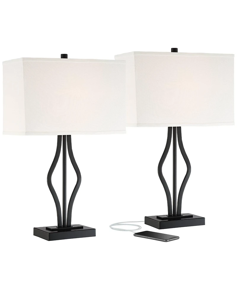 360 Lighting Ally Modern Table Lamps 26 1/2" High Set of 2 Black Metal with Usb Charging Port Rectangular Fabric Shade for Bedroom Living Room De