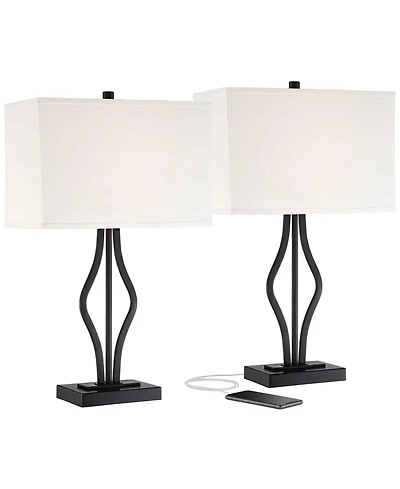 360 Lighting Ally Modern Table Lamps 26 1/2" High Set of 2 Black Metal with Usb Charging Port Rectangular Fabric Shade for Bedroom Living Room De