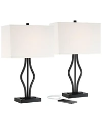 360 Lighting Ally Modern Table Lamps 26 1/2" High Set of 2 Black Metal with Usb Charging Port Rectangular Fabric Shade for Bedroom Living Room De