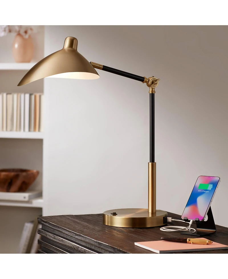 Colborne Mid Century Modern Industrial Desk Table Lamp Led with Usb Charging Port 28" Tall Antique Brass Black for Living Room Bedroom House Beds