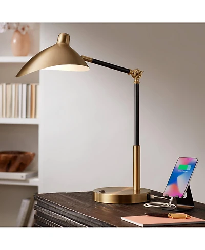 Colborne Mid Century Modern Industrial Desk Table Lamp Led with Usb Charging Port 28" Tall Antique Brass Black for Living Room Bedroom House Beds