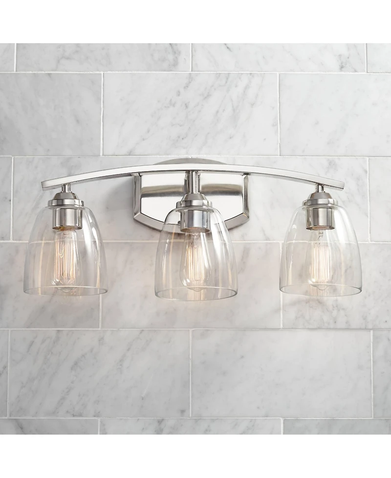 Richter Modern Wall Light Polished Nickel Silver Hardwired 22" 3-Light Fixture Curving Clear Glass Shade for Bedroom Bedside Bathroom Vanity Livi