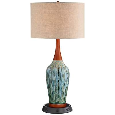 360 Lighting Rocco Modern Mid Century Table Lamp 30" Tall Blue Teal Ceramic with Dimmable Usb Workstation Base Linen Drum Shade for Living Room H