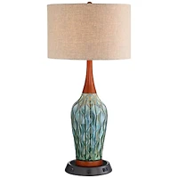 360 Lighting Rocco Modern Mid Century Table Lamp 30" Tall Blue Teal Ceramic with Dimmable Usb Workstation Base Linen Drum Shade for Living Room H