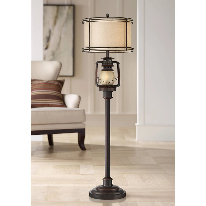 Barnes and Ivy Henson Industrial Floor Lamp 63" Tall Bronze with Led Nightlight Earthy Fabric Drum Shade for Living Room Bedroom Office House Hom