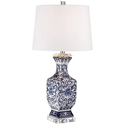 Barnes and Ivy Iris Vintage Style Table Lamp 28" Tall Blue White Floral Geneva with Table Top Dimmer White Drum for Bedroom Living Room Bedside O