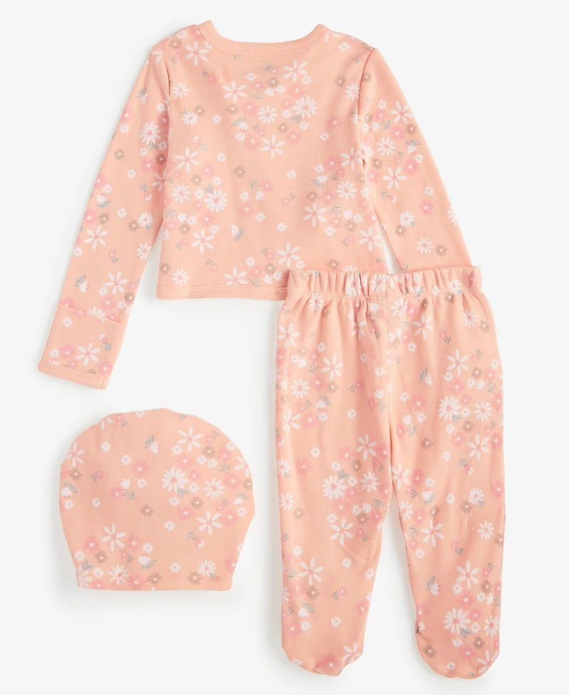 Baby Girls Secret Garden Cotton Hat, Cardigan & Footed Pants, 3 Piece Set, Exclusively at Macy's