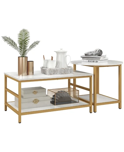 Homcom Tables Set of 2 with Storage Shelves, Faux Top
