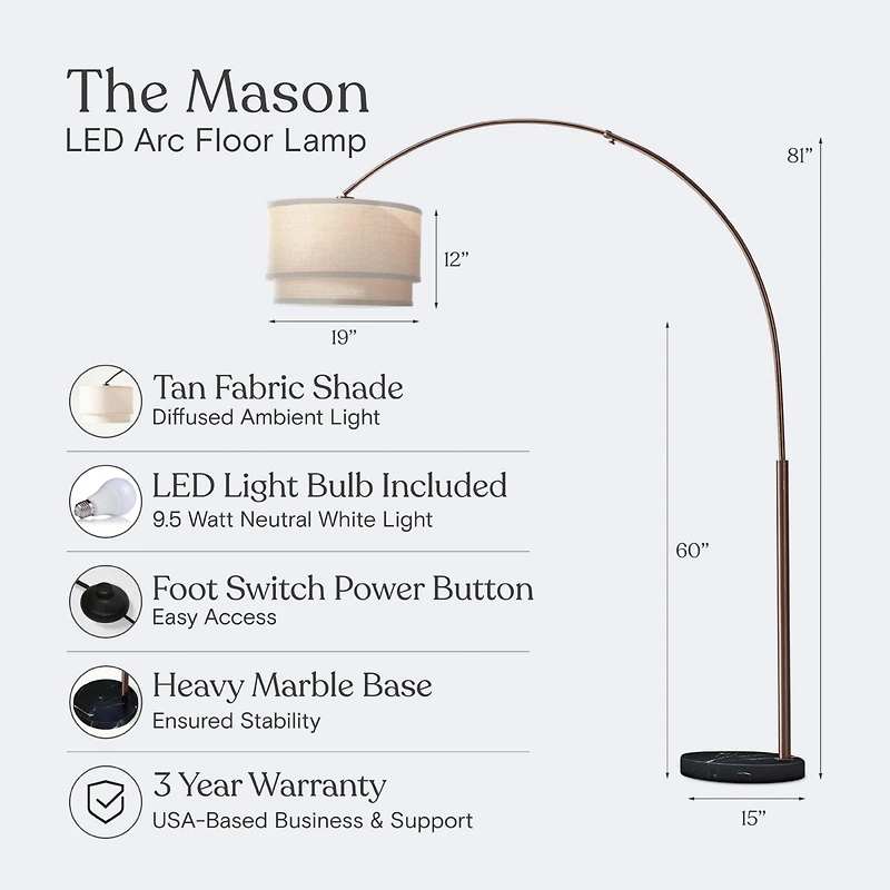 Mason 81" Led Contemporary Arc Floor Lamp with Marble Base, Bulb Included