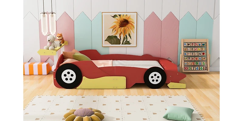 Streamdale Full Size Race Car-Shaped Platform Bed With Wheels, Blue