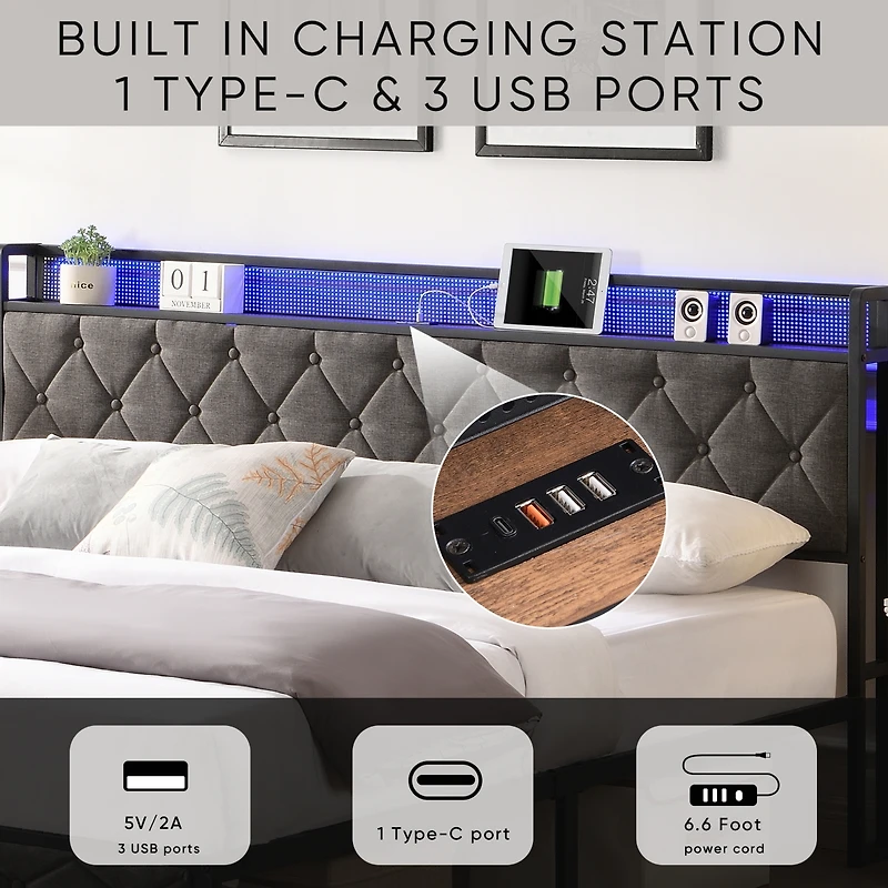 Streamdale Upholstered King Bed with Storage, Charging Station, and Led Lights