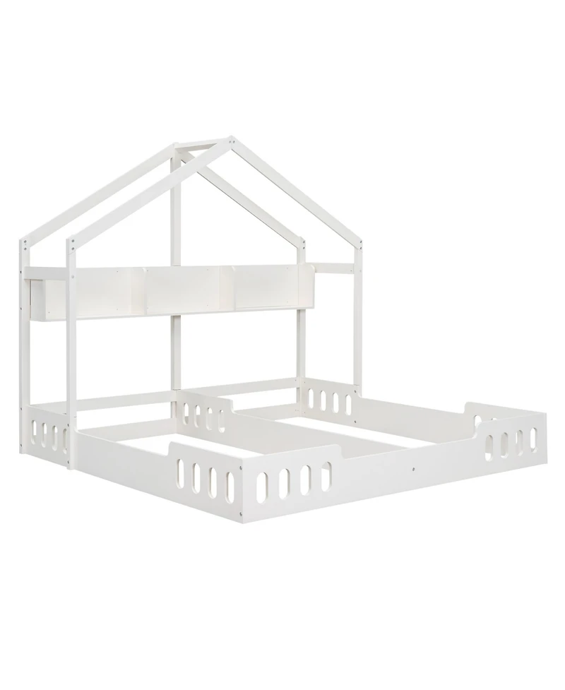 Simplie Fun Wood Twin Size House Platform Beds, Two Shared Beds With Shelves And Guardraily White