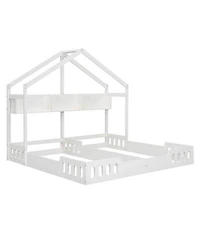 Simplie Fun Wood Twin Size House Platform Beds, Two Shared Beds With Shelves And Guardraily White