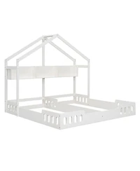 Simplie Fun Wood Twin Size House Platform Beds, Two Shared Beds With Shelves And Guardraily White