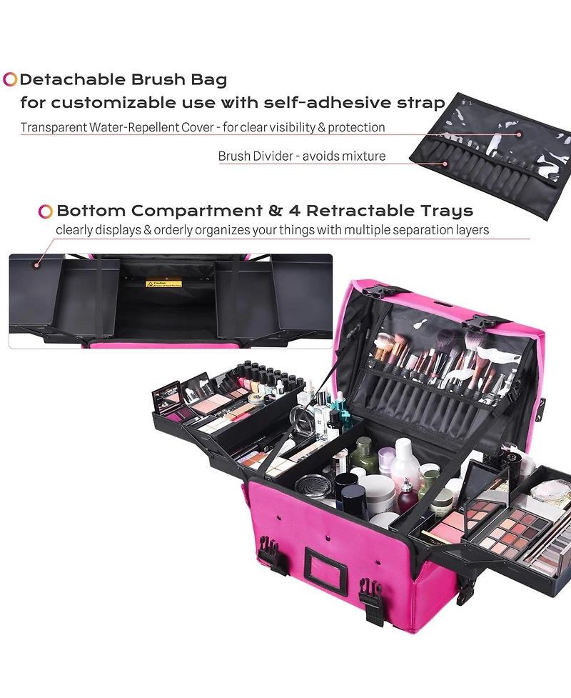 Byootique Cosmetic Organizer Travel Bag Makeup Train Case with Adjustable Strap Portable Rose Red