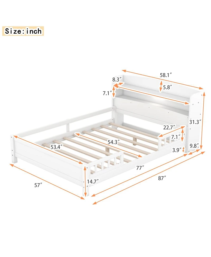 Simplie Fun Wood Full Size Platform Bed With Built-In Led Light, Storage Headboard And Guardrail, White