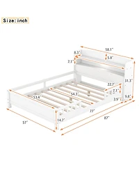 Simplie Fun Wood Full Size Platform Bed With Built-In Led Light, Storage Headboard And Guardrail, White