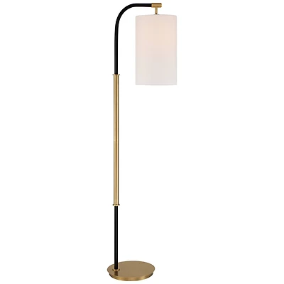 Possini Euro Design Sausalito Mid Century Modern Downbridge Floor Lamp 67" Tall Warm Gold Black Metal Linen Cylinder Shade for Living Room Readin