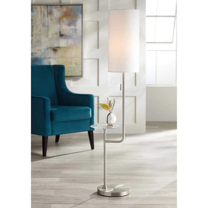Possini Euro Design Piccolo Modern Floor Lamp with Tray Table 60 1/2" Tall Brushed Nickel White Cylinder Shade for Living Room Bedroom Office Hou