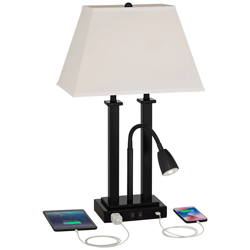 Deacon Modern Gooseneck Desk Lamp with Usb Charging Port and Outlet 26" High Led Black Metal Oatmeal Linen Fabric Shade for Living Room Bedroom House