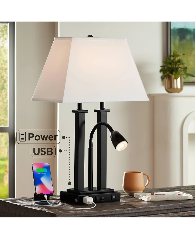 Deacon Modern Gooseneck Desk Lamp with Usb Charging Port and Outlet 26" High Led Black Metal Oatmeal Linen Fabric Shade for Living Room Bedroom House
