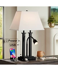 Deacon Modern Gooseneck Desk Lamp with Usb Charging Port and Outlet 26" High Led Black Metal Oatmeal Linen Fabric Shade for Living Room Bedroom House