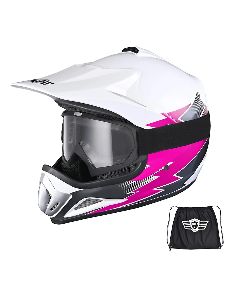 Ahr H-VEN12 Youth Dot Motocross Helmet and Goggles Set Clear Lens Atv Mx Off-road Kids Pink S