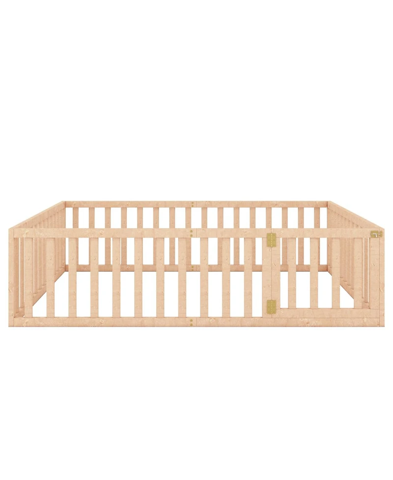 Simplie Fun Queen Size Wood Floor Bed Frame With Fence And Door