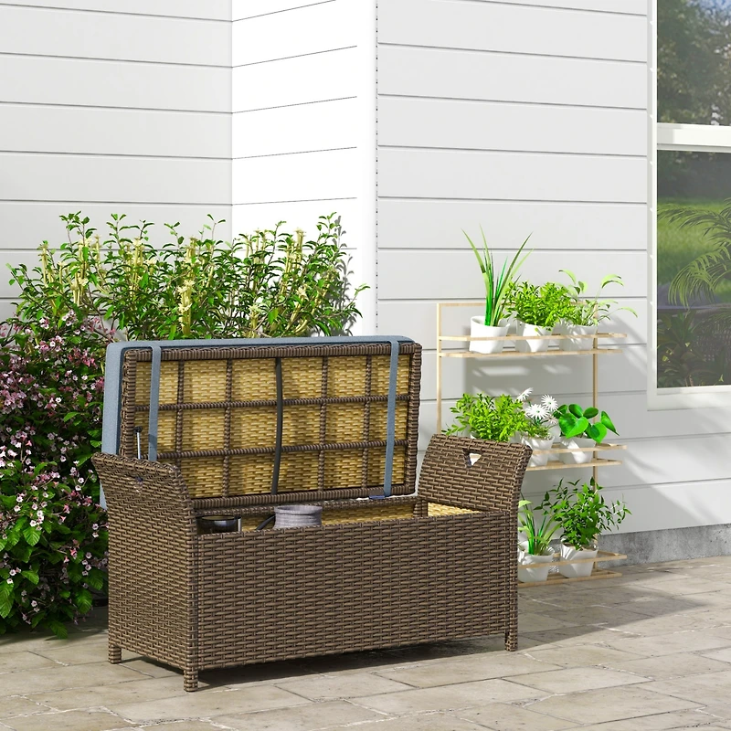 Outsunny 29 Gallon Outdoor Patio Wicker Storage Bench w/ Cushion Dark