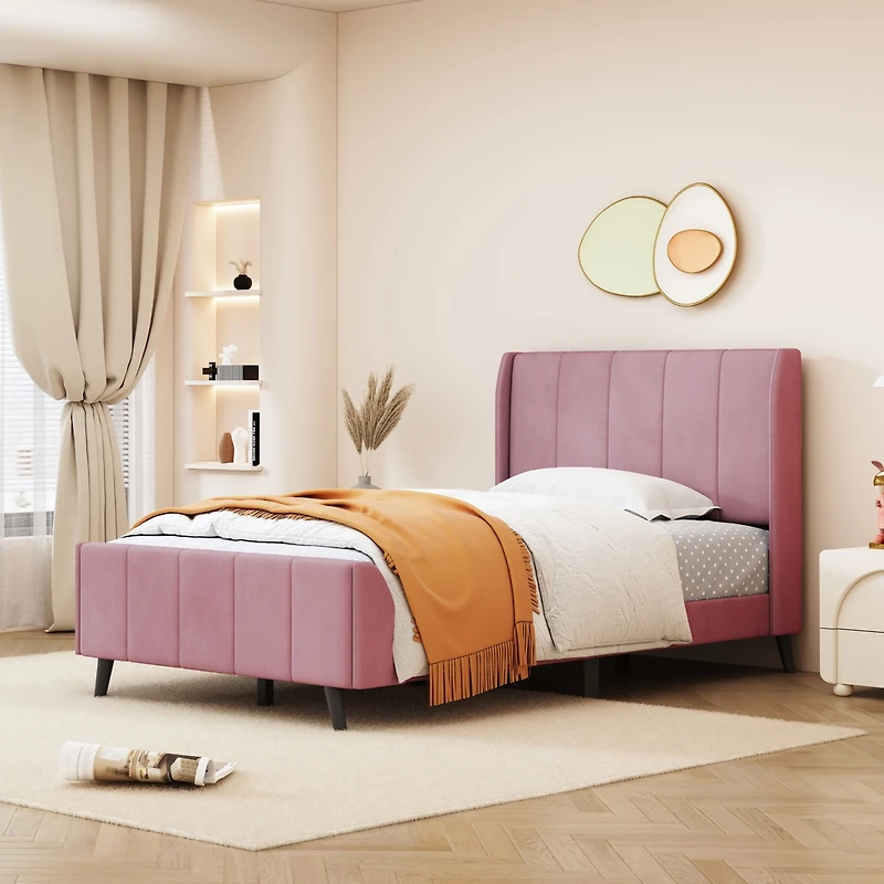 Streamdale Twin Size Upholstered Platform Bed, Velvet, Pink