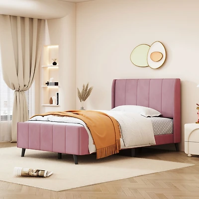 Streamdale Twin Size Upholstered Platform Bed, Velvet, Pink