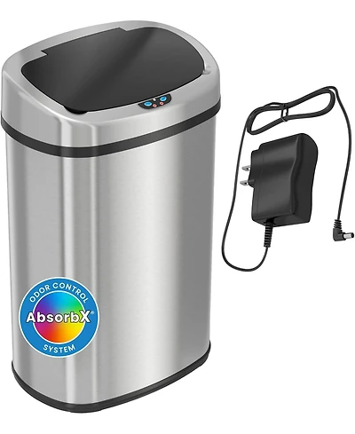 iTouchless Stainless Steel Oval Sensor Trash Can with AbsorbX Odor Filter and Ac Adapter, 13 Gallon Silver