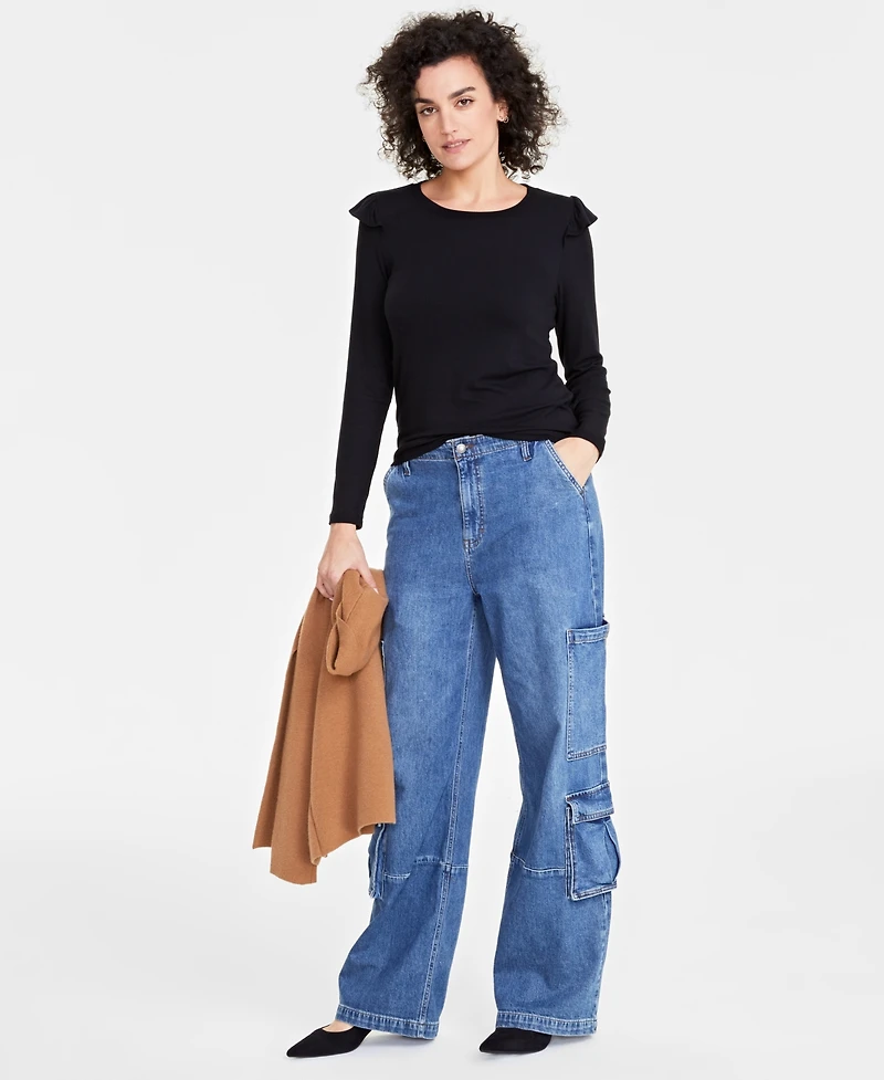 On 34th Women's Ruffle-Trim Ribbed Long-Sleeve Top, Created for Macy's