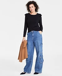 On 34th Women's Ruffle-Trim Ribbed Long-Sleeve Top, Created for Macy's
