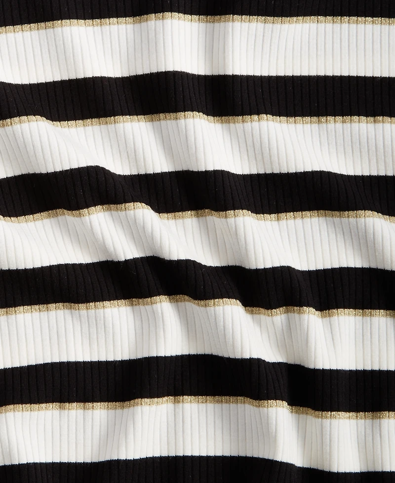 On 34th Women's Ruffle-Trim Ribbed Long-Sleeve Lurex Stripe Top, Created for Macy's