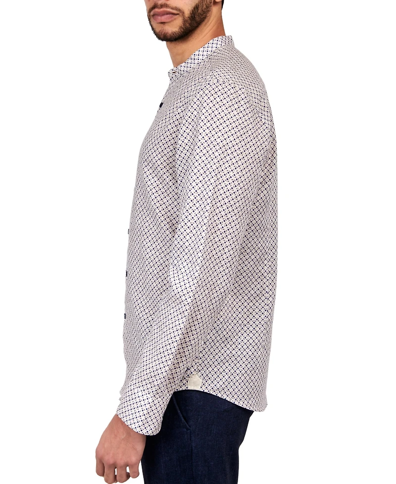 Brooklyn Brigade Men's Dumbo Moisture-Wicking Interlocking Geo-Print Button-Down Mandarin Shirt