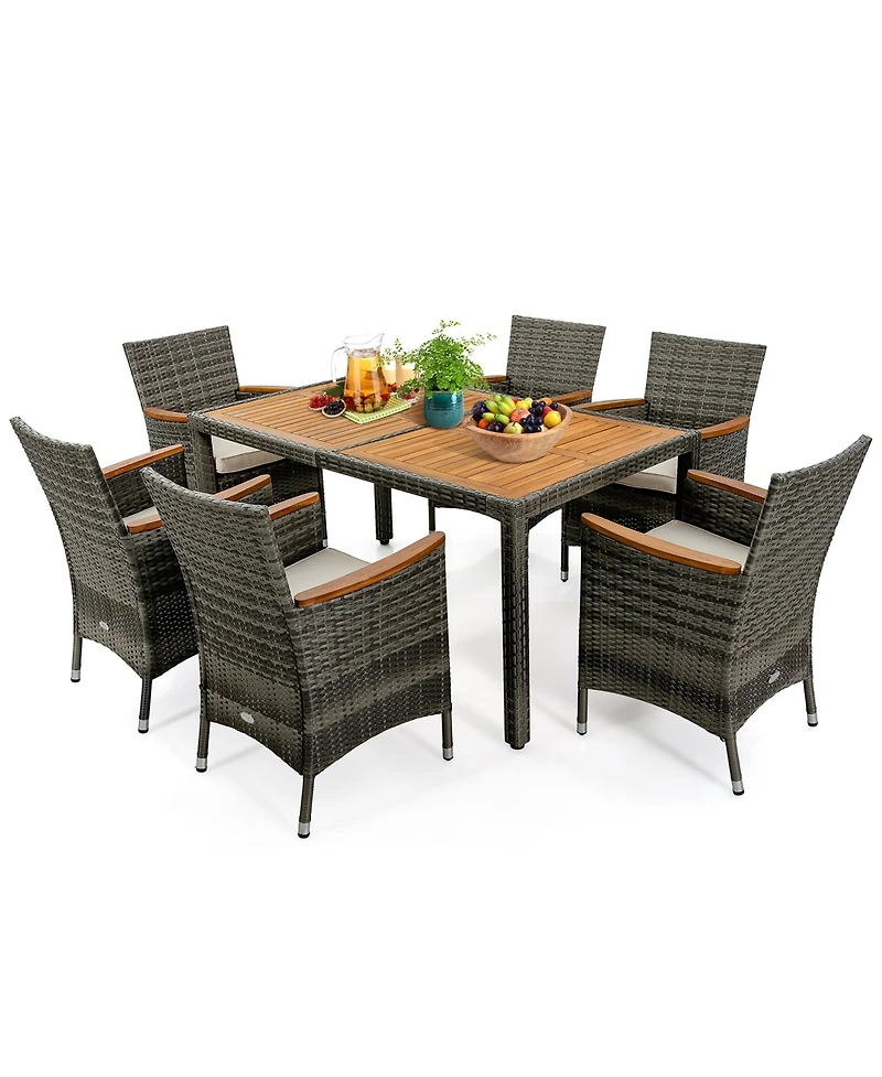Gymax 7PCS Outdoor Dining Set Patio Acacia Wood and Rattan Furniture Set w/ Cushions