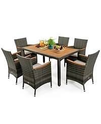 Gymax 7PCS Outdoor Dining Set Patio Acacia Wood and Rattan Furniture Set w/ Cushions